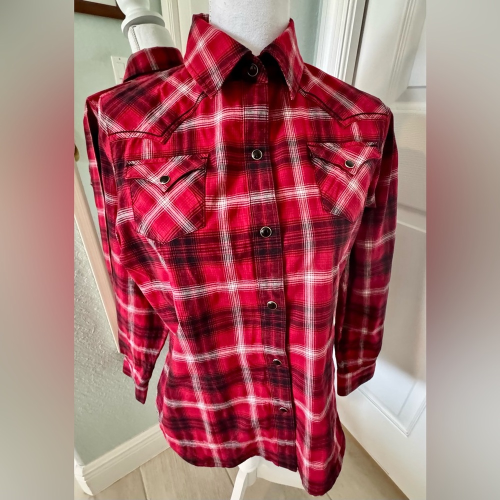 Pendleton Women’s Medium Western Pearl Snap Plaid Shirt Stretch Cotton Sz M